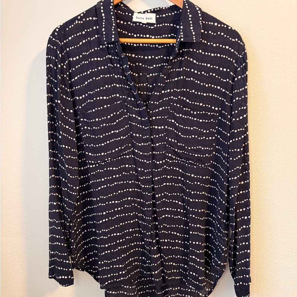 Bella Dahl Navy and White button down Polka Dot Blouse